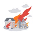 Fire in residential areas. Illustration of fire and burning houses, accident, disaster. Natural and man-made fires, loss of