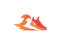 Fire running shoe in flames symbol on white backdrop logo