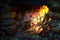 Fire in a rustic fireplace