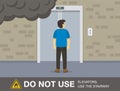 Fire safety activity. Young man waiting elevator. Do not use lifts to escape a fire.