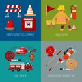 Fire safety banner vector illustration. Firefighter iniform and inventory. Helmet, gloves. Equipment as firehose hydrant