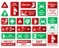 Fire safety, emergency signs, first aid, assembly point and exit symbols. Emergency fire hazard alarm, first aid symbols