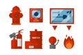 Fire safety equipment emergency tools firefighter safe danger accident flame protection vector illustration.