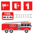 Fire safety equipment emergency tools firefighter safe danger accident protection vector illustration.