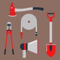 Fire safety equipment emergency tools firefighter safe danger accident protection vector illustration.