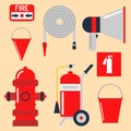 Fire safety equipment emergency tools firefighter safe danger accident protection vector illustration.