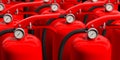 Fire extinguishers closeup background. 3d illustration