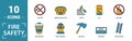 Fire Safety icon set. Include creative elements smoke detector, fire hose, report, no fire, fire sprinkler icons. Can be used for