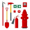 Fire safety and protection. Flat icons extinguisher, hose, flame, hydrant, protective helmet, alarm, axe, shovel