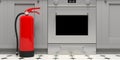 Fire extinguisher on house kitchen floor. 3d illustration