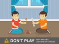 Two kids playing with matches at home. Don`t play with fire warning design. Royalty Free Stock Photo