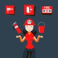 Fire safety sign vector illustration. Image for help during emergency, flame indoors. Girl in helmet show fire Royalty Free Stock Photo