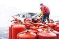 Fire safety training using fire extinguishers. Foreground. Real event Royalty Free Stock Photo