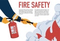Fire safety vector illustration. Precautions the use of fire background template. A firefighter fights a fire cartoon. Royalty Free Stock Photo