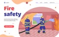 Fire safety website banner. Cartoon firefighters in burning apartment