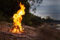 Fire on a sandy beach big flame. night sky. outdoor recreation concept