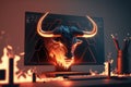 Fire sculpture of angry bull head in front of computer screen, Bullish divergence in Stock market and Crypto currency. Created Royalty Free Stock Photo