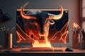 Fire sculpture of angry bull head in front of computer screen, Bullish divergence in Stock market and Crypto currency. Created Royalty Free Stock Photo