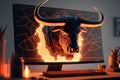 Fire sculpture of angry bull head in front of computer screen, Bullish divergence in Stock market and Crypto currency. Created Royalty Free Stock Photo