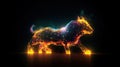 Fire sculpture of a bull, business graph line lighting in Stock market and Crypto currency on body and colorful graph background. Royalty Free Stock Photo