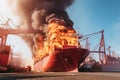 fire in the seaport burning ship, cargo ship with grain after the explosion generative ai