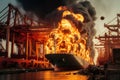 fire in the seaport burning ship, cargo ship with grain after the explosion generative ai