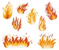 Fire set. Fiery flame, bright fireball, thermal forest fire and a red-hot bonfire. Flames of different shapes. Vector fire flame Royalty Free Stock Photo