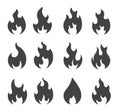 Fire silhouettes. Simple black outline fire flames, campfire isolated icons, ignite and fiery explosion signs Vector set Royalty Free Stock Photo