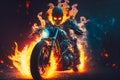 Fire skeleton rider on motorcycle scary ghost bike, generative AI