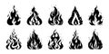 Fire sketch. Hand drawn silhouette of flame. Retro stencil of doodle fireplace. Isolated black and white bonfire mockup