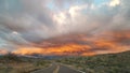 Fire in the sky, sunset, highway, clouds, bright Royalty Free Stock Photo