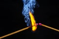 Fire and smoke. Burning and smoking match on a black background. Heat and light from fire flame Royalty Free Stock Photo