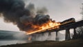 fire and smoke A burning train on fire, exploding, that crosses a exploding bridge being blown up, over a river Royalty Free Stock Photo