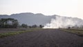 Fire and smoke in paddy .mountain range background. Agriculture concept idea. Air pollution