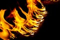 Fire and sparks, from a campfire on a dark night background, front and background blurred Royalty Free Stock Photo