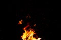 Fire and sparks, from a campfire on a dark night background, front and background blurred Royalty Free Stock Photo