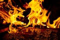 Fire and sparks, from a campfire on a dark night background, front and background blurred Royalty Free Stock Photo