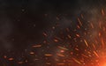 Fire sparks flying up on transparent background. Smoke and glowing particles on black. Realistic lighting sparks with