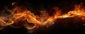 Fire and sparks isolated on panoramic black background, banner of abstract burning flame pattern at night. Concept of texture, Royalty Free Stock Photo