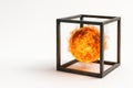 A fire sphere inside a metal frame on a white background. Space for text. Royalty Free Stock Photo