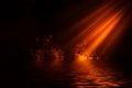 Fire spotlight smoke with reflection in water. Mistery fog texture background Royalty Free Stock Photo