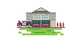 Fire station building with emergency vehicle fire engine truck and fire man icon isolated background