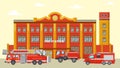 Fire station building and fire trucks vector illustration. Various red fire engines near emergency rescue city service.