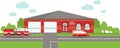 Fire station emergency concept. Panoramic background with fire station building and fire truck in flat style.