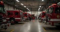 Fire Station Garage: Row of Red Firetrucks Ready for Action Royalty Free Stock Photo