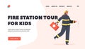 Fire Station Tour for Kids Landing Page Template. Fireman Girl Holding First Aid Kit. Kids Profession, Game, Brave Child