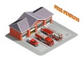 Fire station transport garage engines realistic isometric composition with building and trucks vehicles appliances outdoor vector
