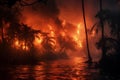 Fire and storm in rainy forest at night