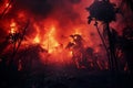 Fire and storm in rainy forest at night