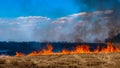 A fire on the stubble of a wheat field after harvesting. Enriching the soil with natural ash fertilizer in the field after